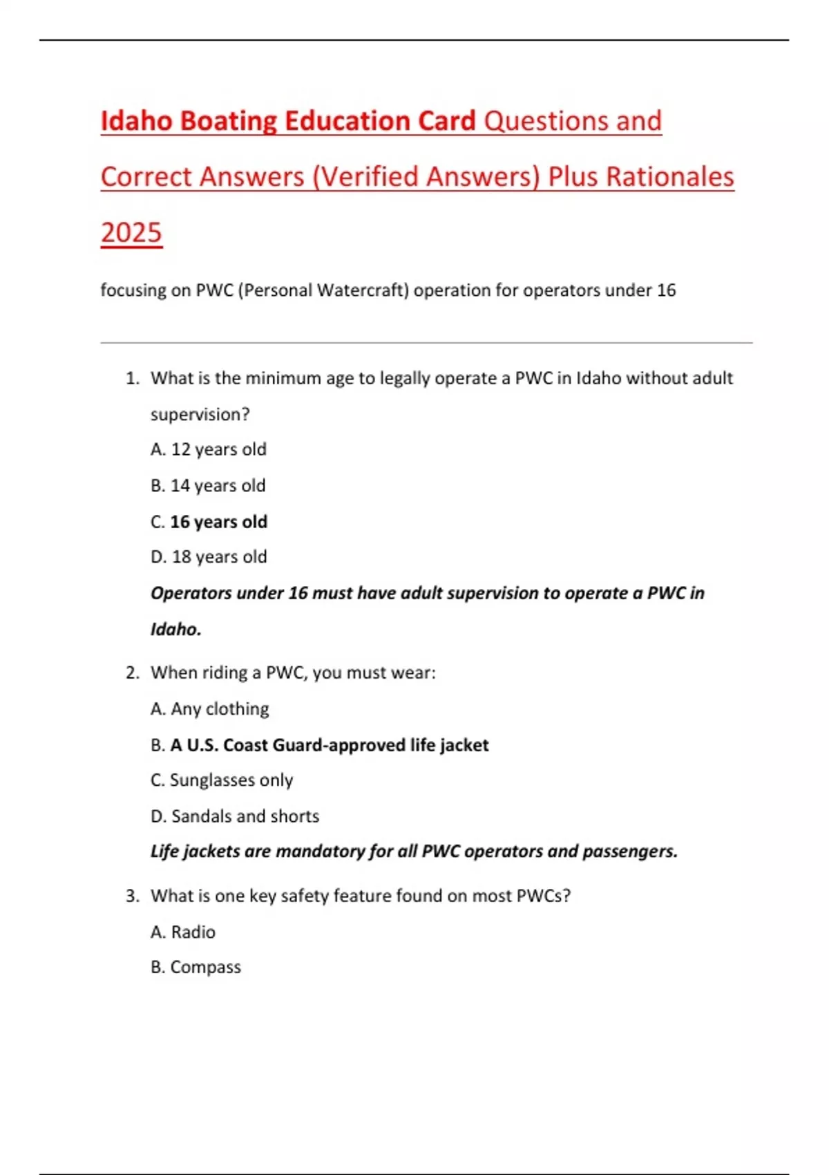 Idaho Boating Education Card Questions and Correct Answers (Verified ...