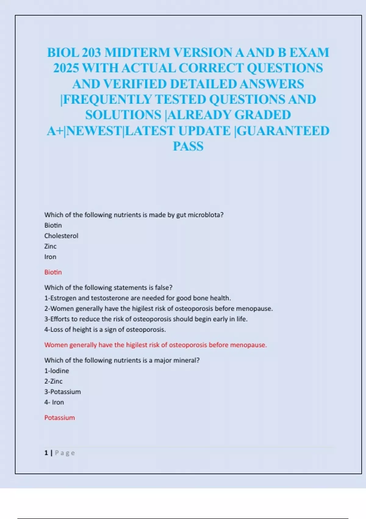 BIOL 203 MIDTERM VERSION A AND B EXAM 2025 WITH ACTUAL CORRECT ...