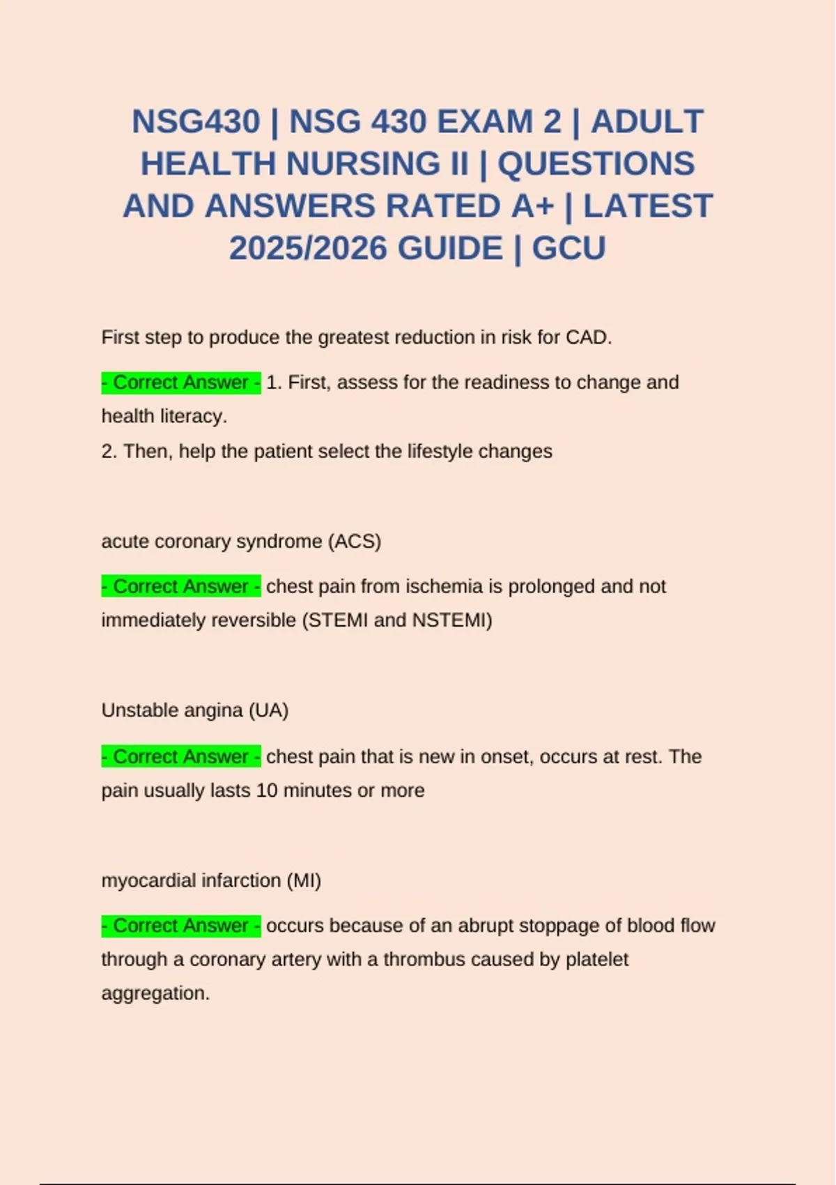 NSG430 | NSG 430 EXAM 2 | ADULT HEALTH NURSING II | QUESTIONS AND ...