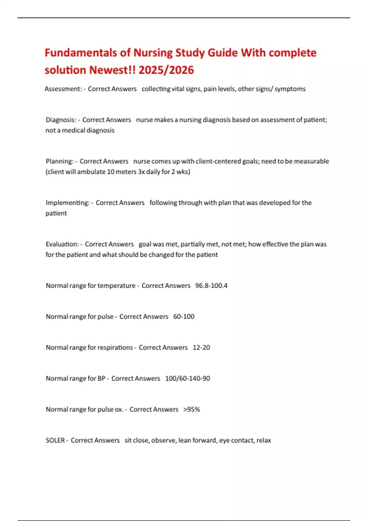 Fundamentals of Nursing Study Guide With complete solution Newest ...