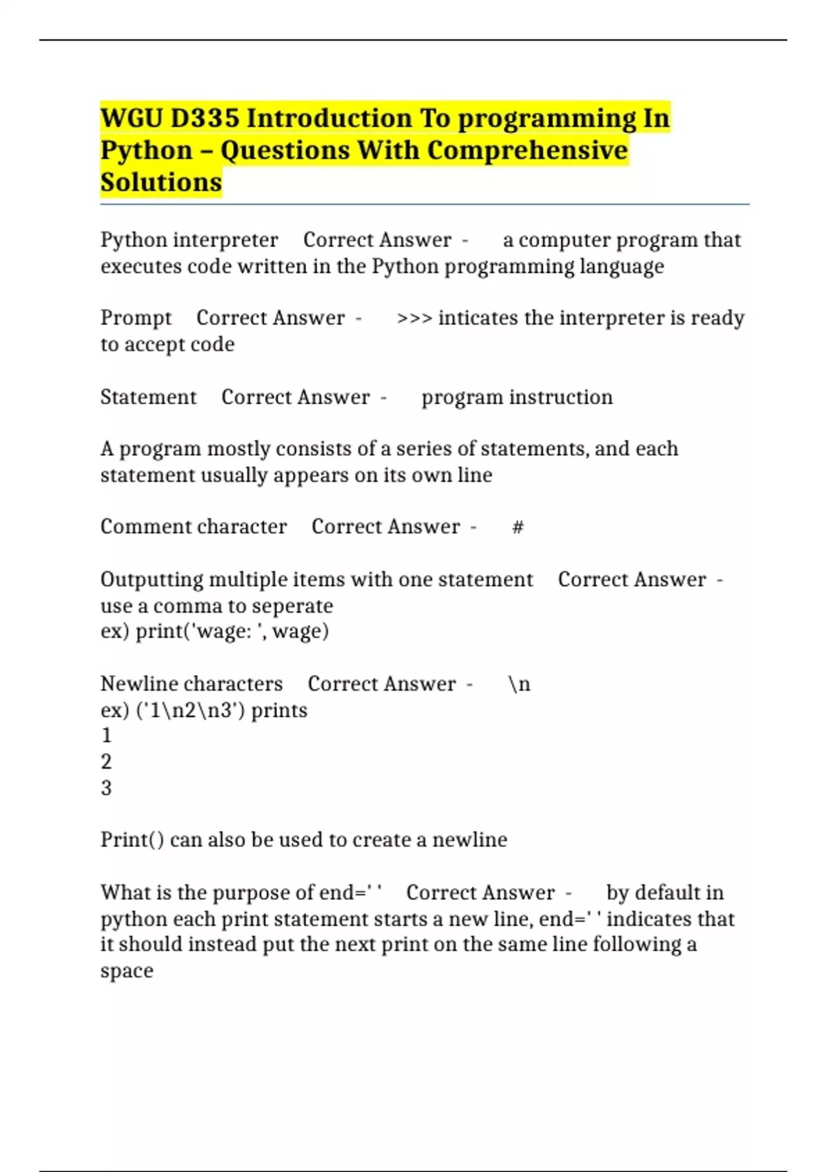 WGU D335 Introduction To programming In Python – Questions With ...
