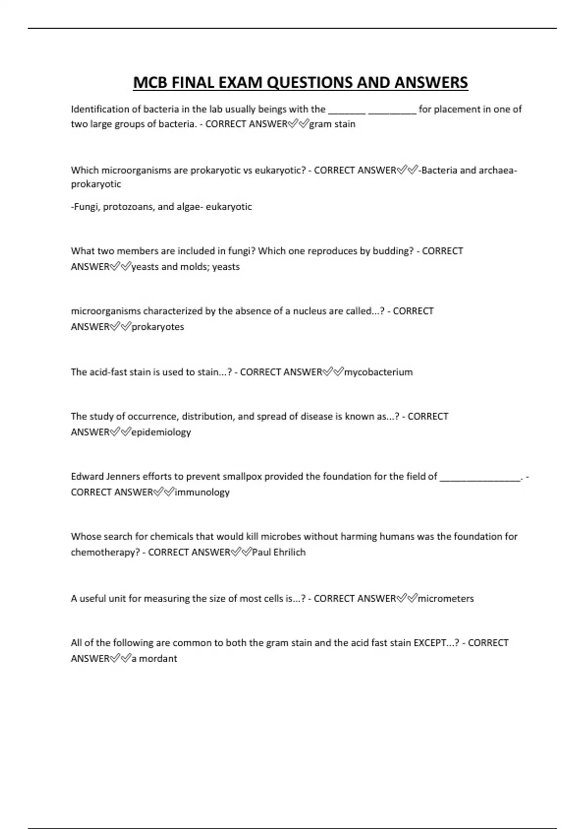 MCB FINAL EXAM QUESTIONS AND ANSWERS - MCB - Stuvia US