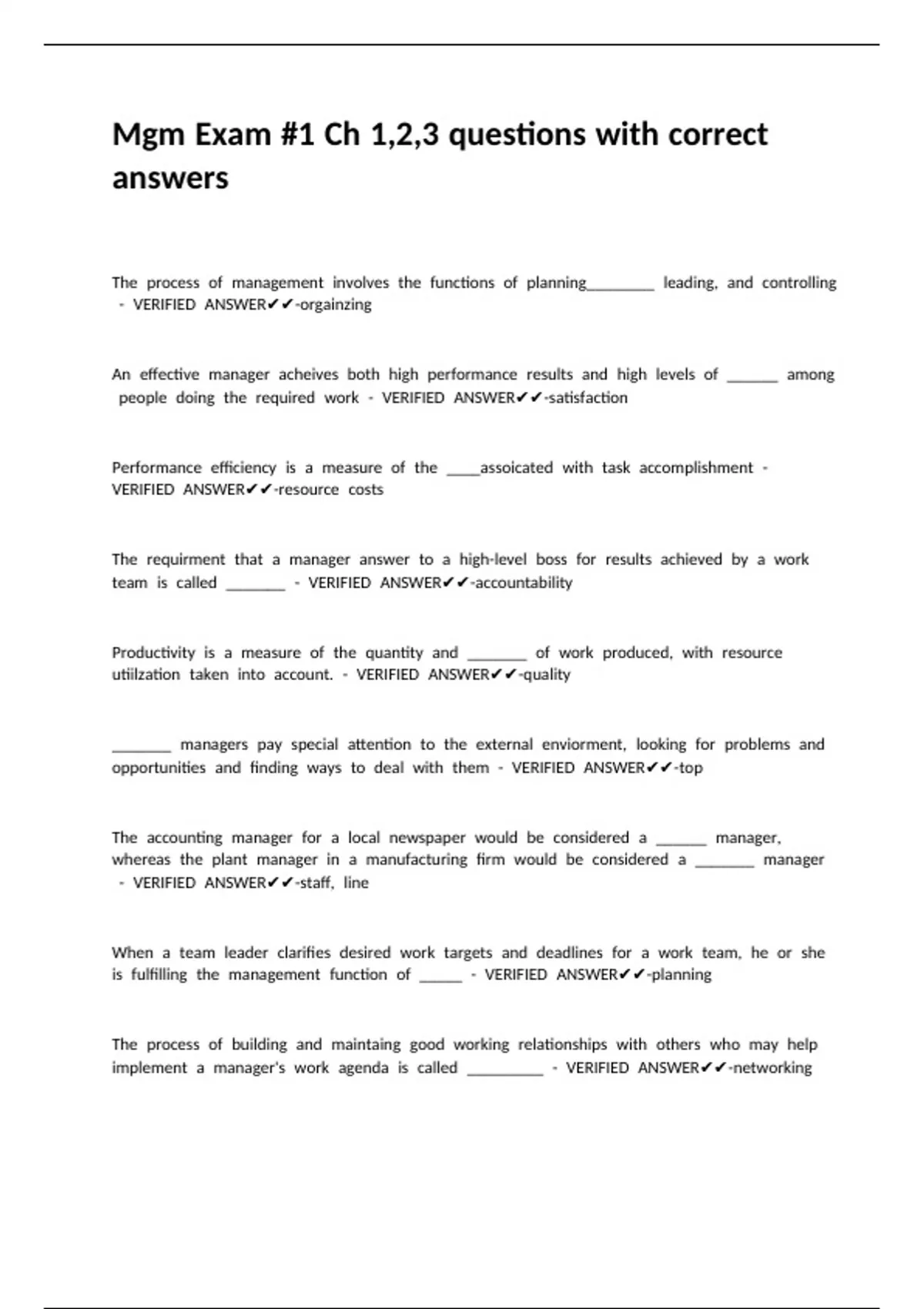 Mgm Exam -1 Ch 1,2,3 questions with correct answers - MGMT 200 - Stuvia US