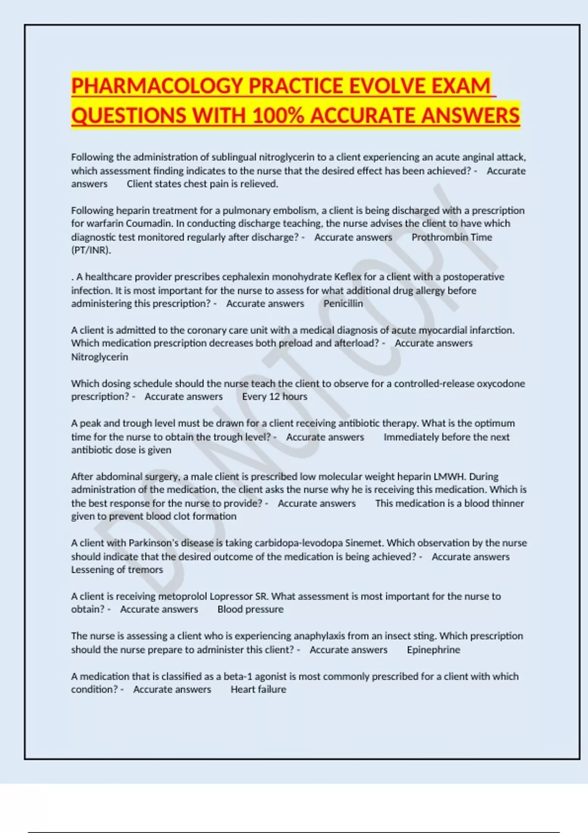 Practice Evolve Add In Pharmacology Practice EVOLVE Exam Questions with 100% Accurate Answers ...