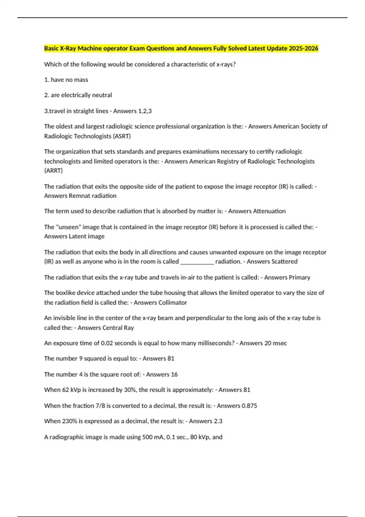 Basic X-Ray Machine operator Exam Questions and Answers Fully Solved ...