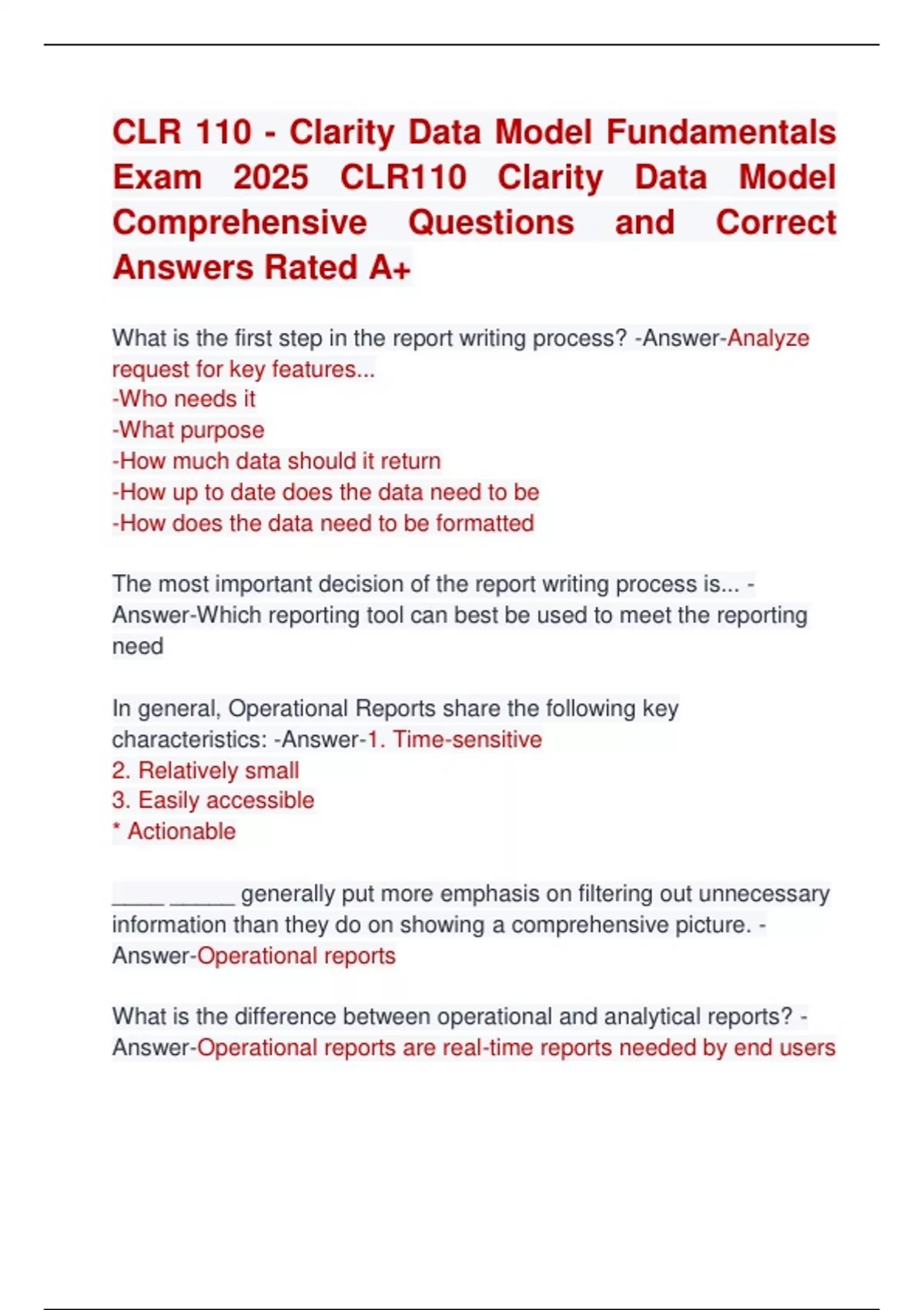 CLR 110 - Clarity Data Model Fundamentals Exam 2025 CLR110 Clarity Data ...