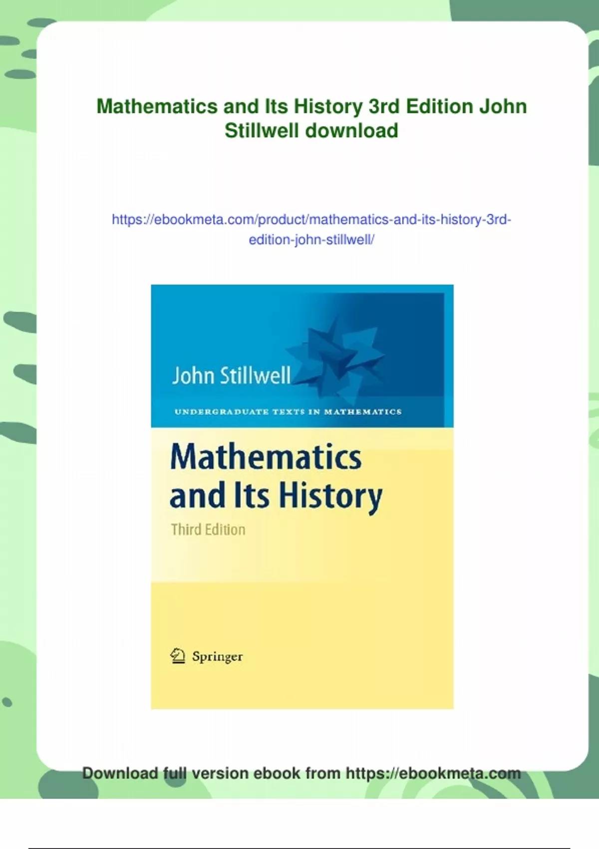 Summary Mathematics and Its History 3rd Edition John Stillwell ...