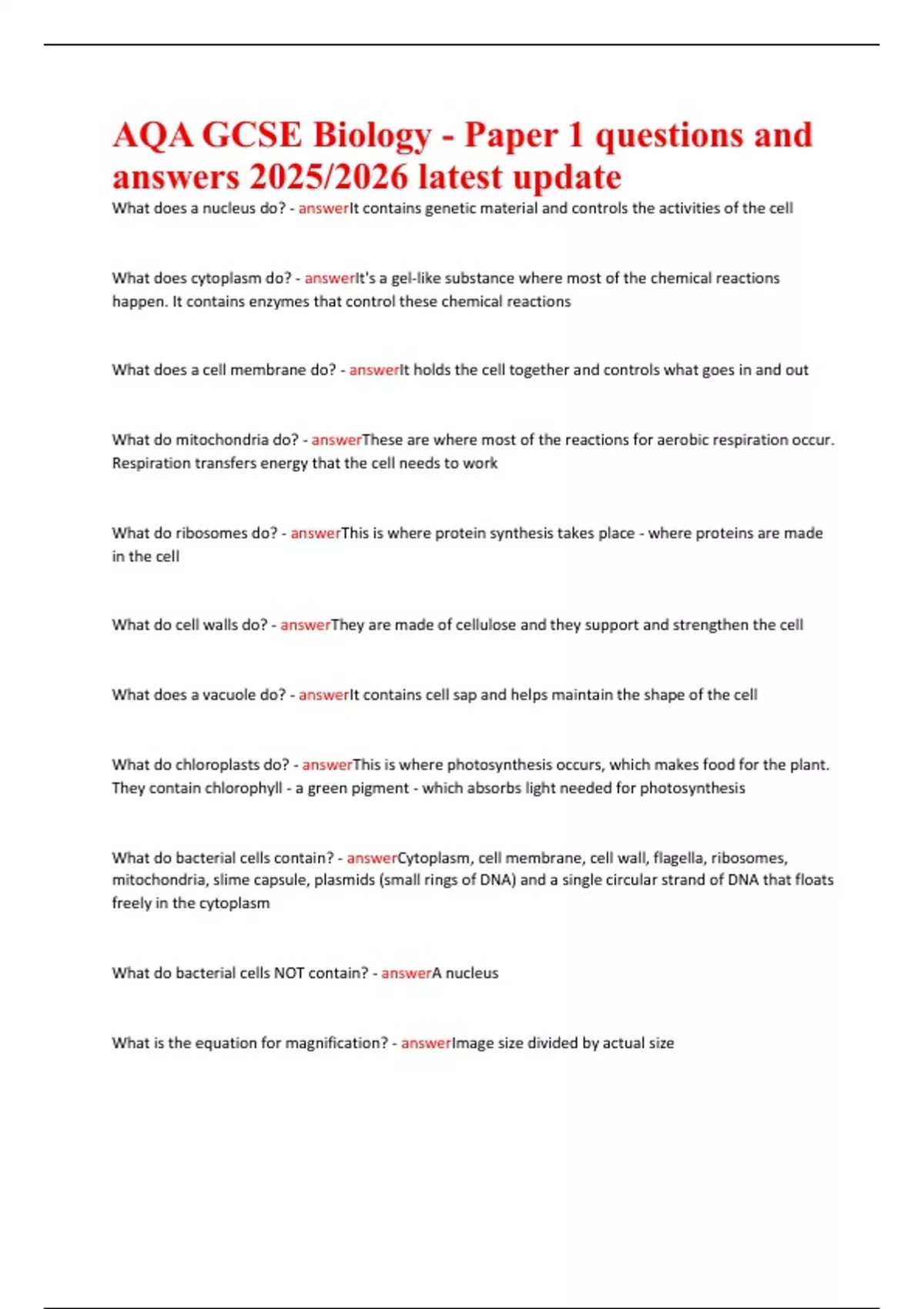 AQA GCSE Biology - Paper 1 questions and answers 2025/2026 latest ...