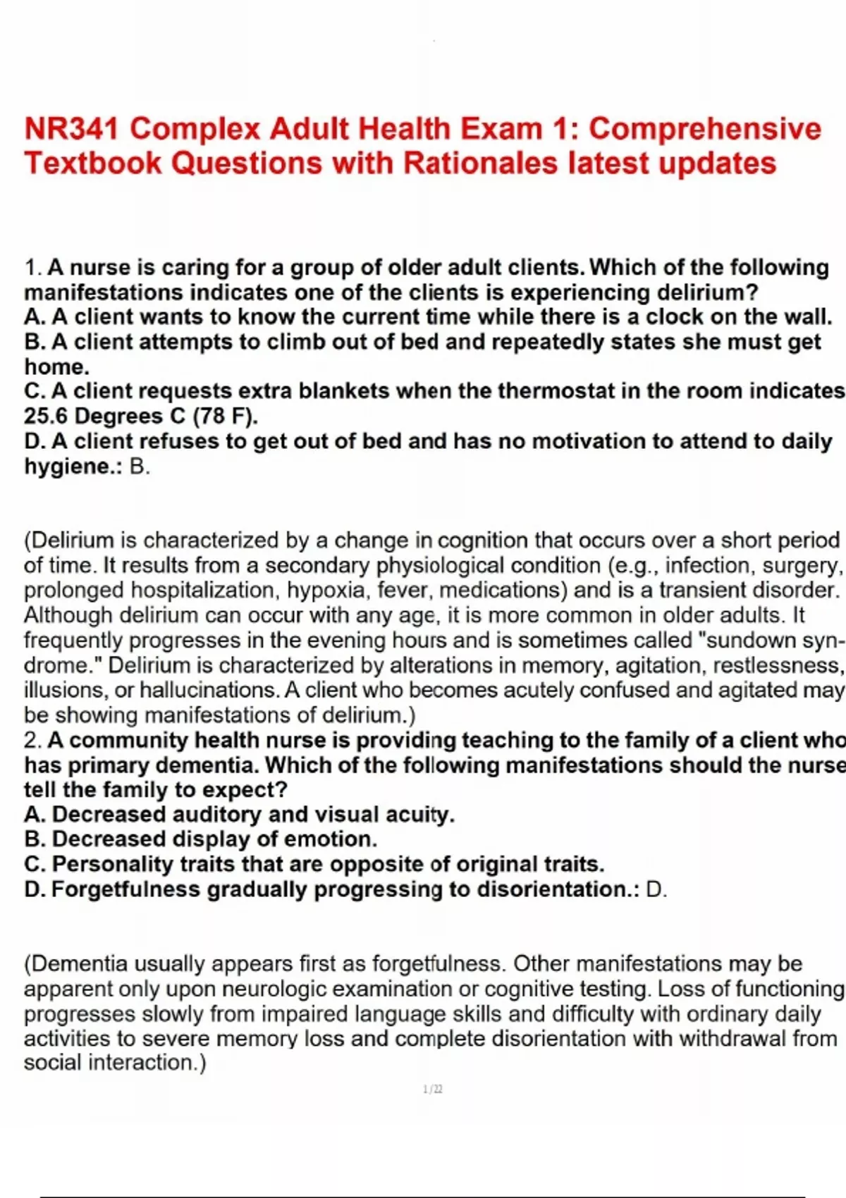 NR341 Complex Adult Health Exam 1 Comprehensive Textbook Questions with ...