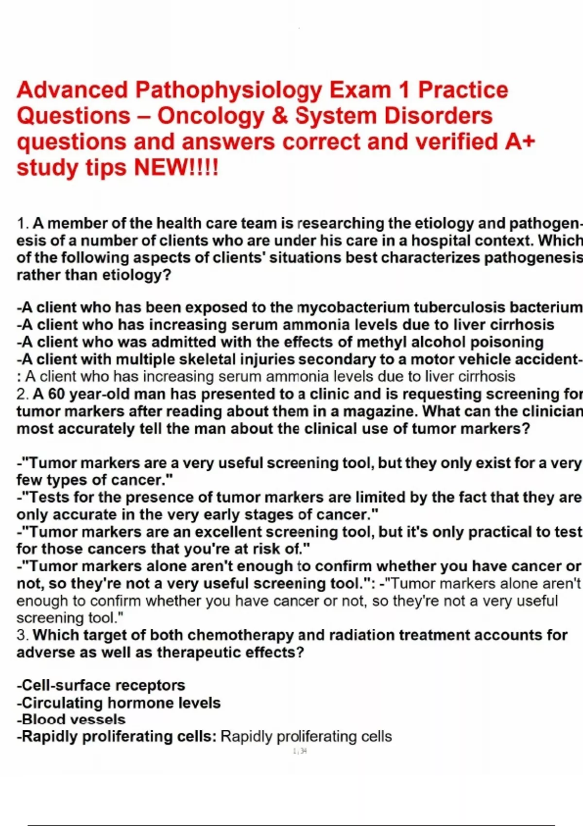 Advanced Pathophysiology Exam 1 Practice Questions – Oncology & System ...