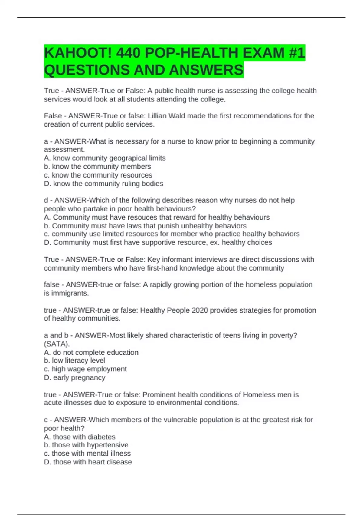 KAHOOT! 440 POP-HEALTH EXAM #1 QUESTIONS AND ANSWERS - NSG 440 - Stuvia US