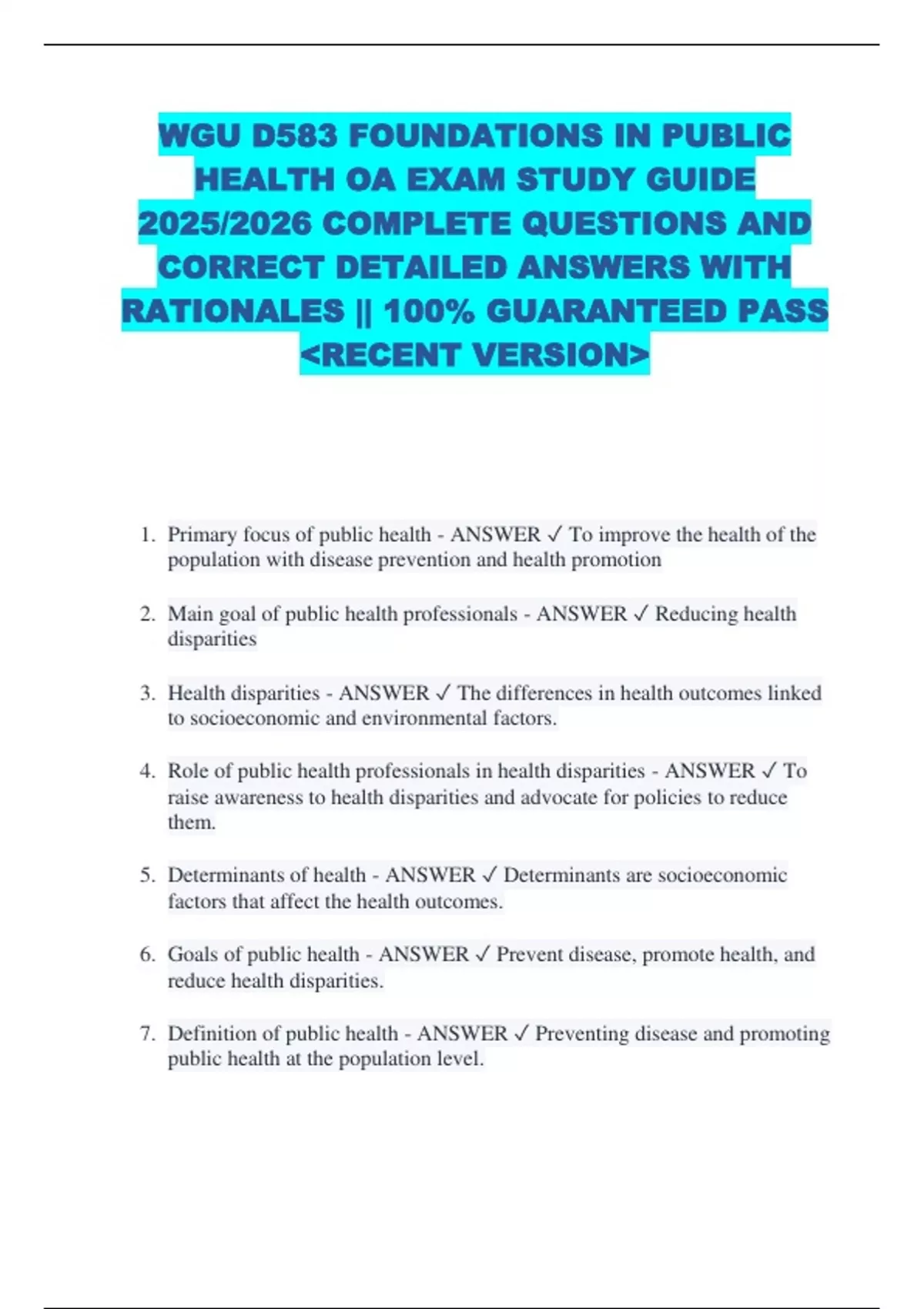 WGU D583 FOUNDATIONS IN PUBLIC HEALTH OA EXAM STUDY GUIDE 2025/2026 ...