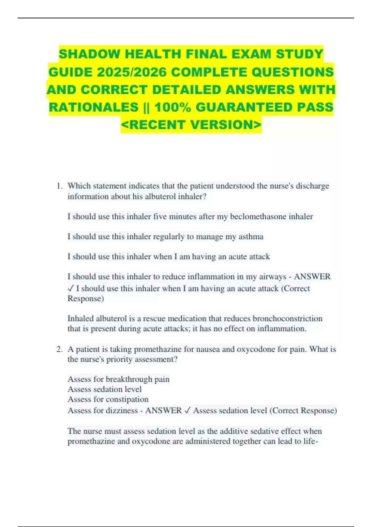 SHADOW HEALTH FINAL EXAM STUDY GUIDE 2025/2026 COMPLETE QUESTIONS AND ...