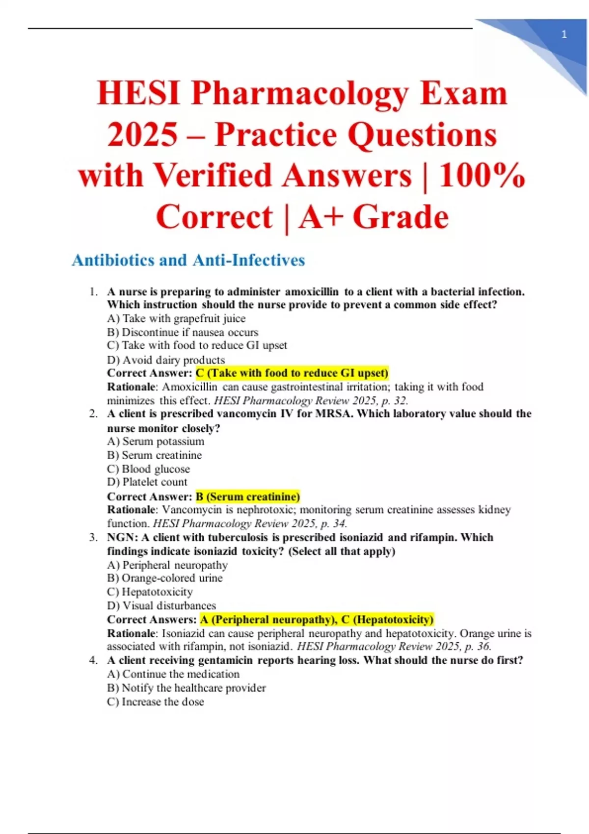 HESI Pharmacology Exam 2025 – Practice Questions with Verified Answers | 100% Correct | A+ Grade ...