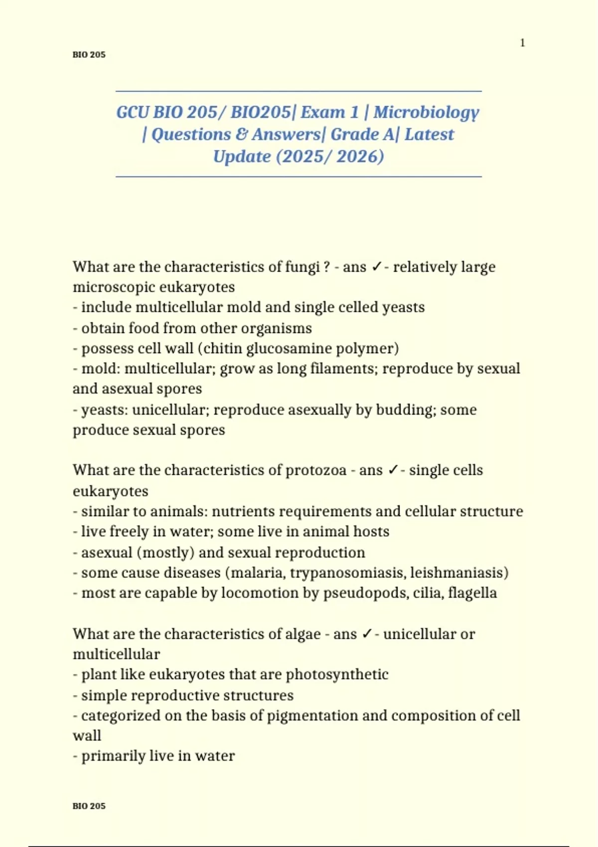 GCU BIO 205/ BIO205| Exam 1 | Microbiology | Questions & Answers| Grade ...