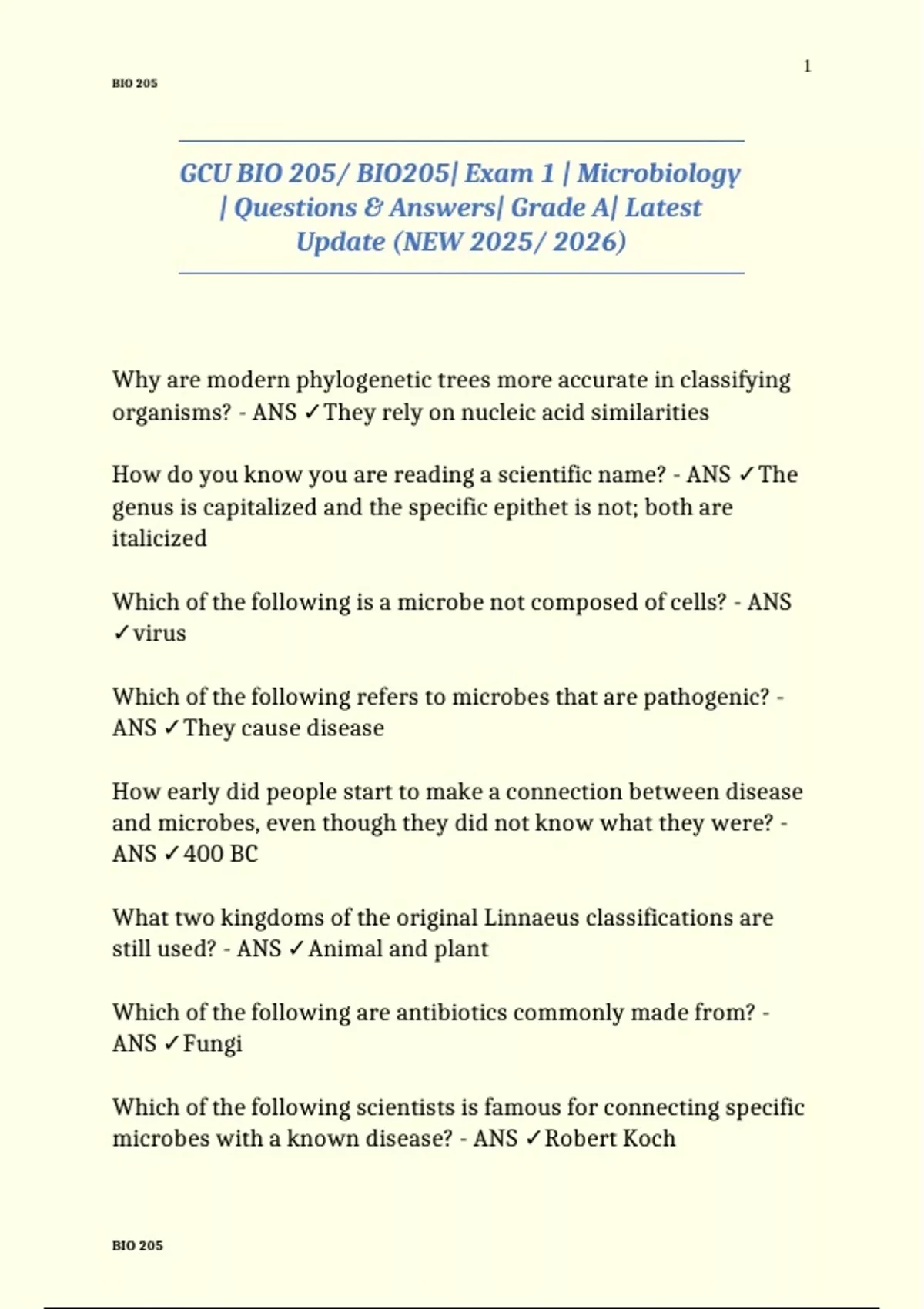 GCU BIO 205/ BIO205| Exam 1 | Microbiology | Questions & Answers| Grade ...