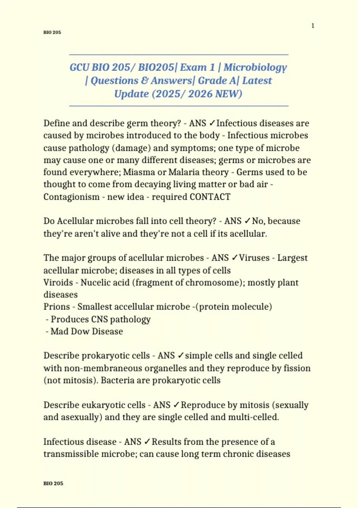 GCU BIO 205/ BIO205| Exam 1 | Microbiology | Questions & Answers| Grade ...