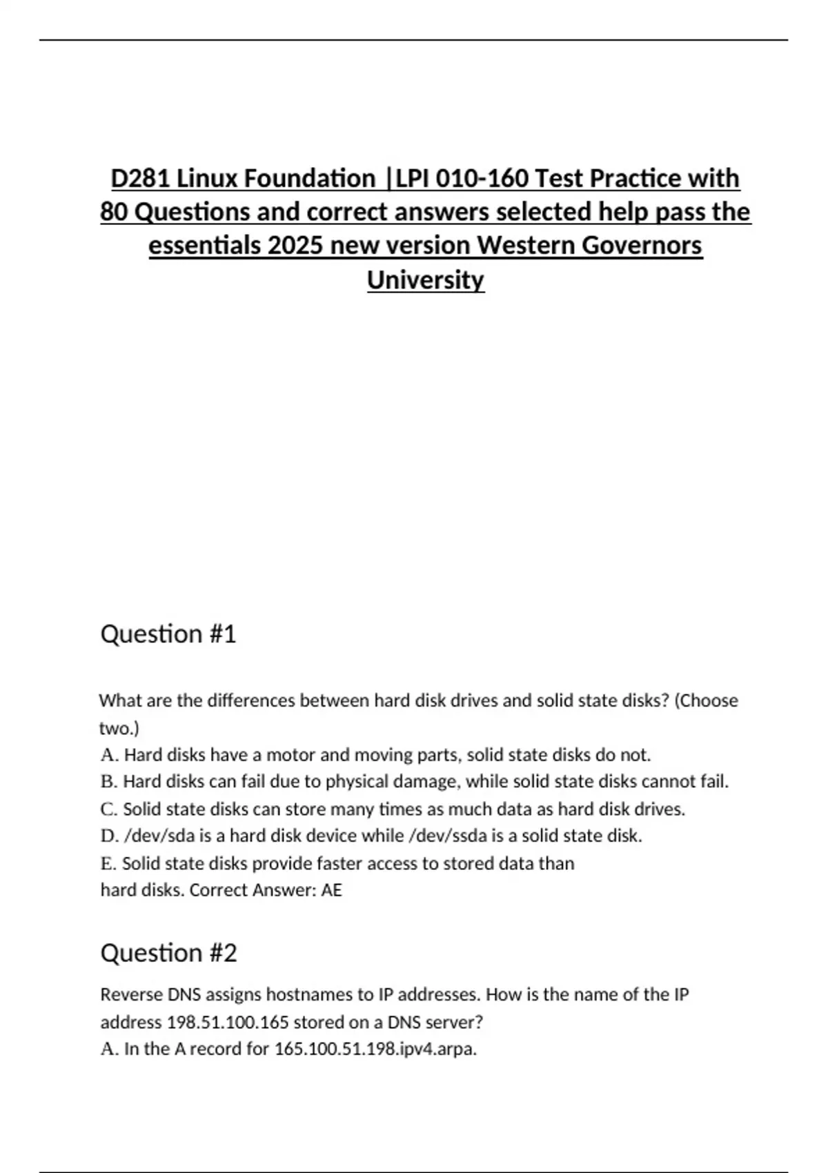 D281 Linux Foundation |LPI 010-160 Test Practice with 80 Questions and ...