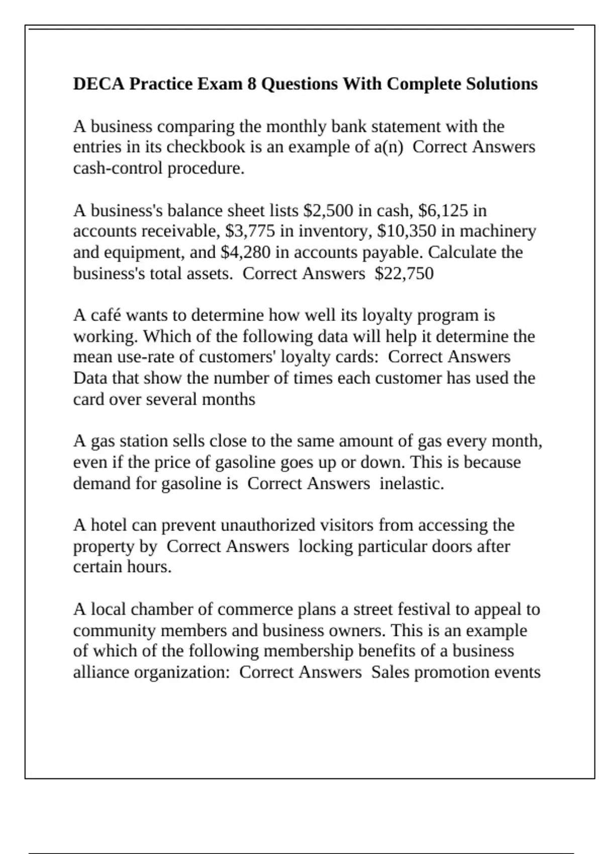 DECA Practice Exam 8 Questions With Complete Solutions - DECA - Stuvia US