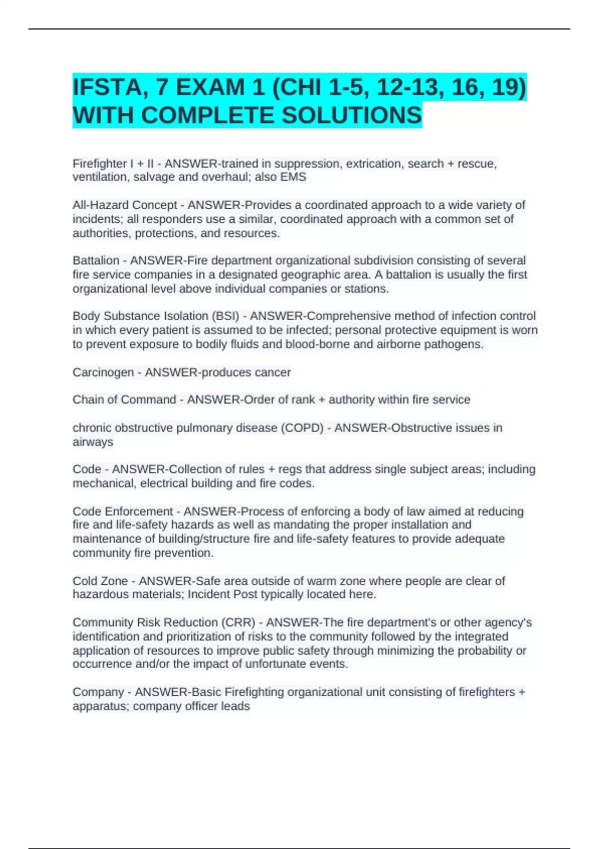 IFSTA, 7 EXAM 1 (CHI 1-5, 12-13, 16, 19) WITH COMPLETE SOLUTIONS ...