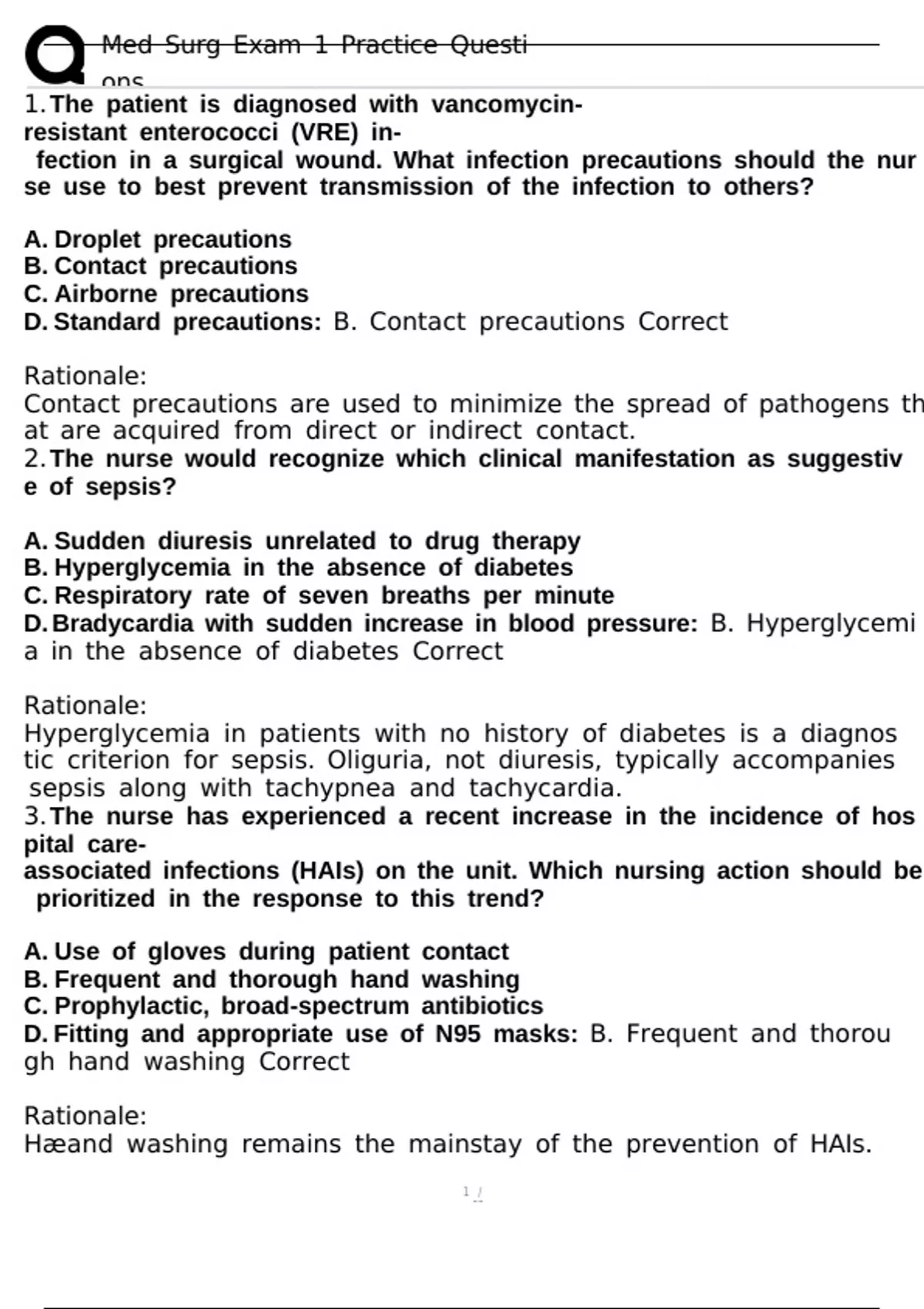 Med Surg Exam 1 Practice Questions - Med surg - Stuvia US
