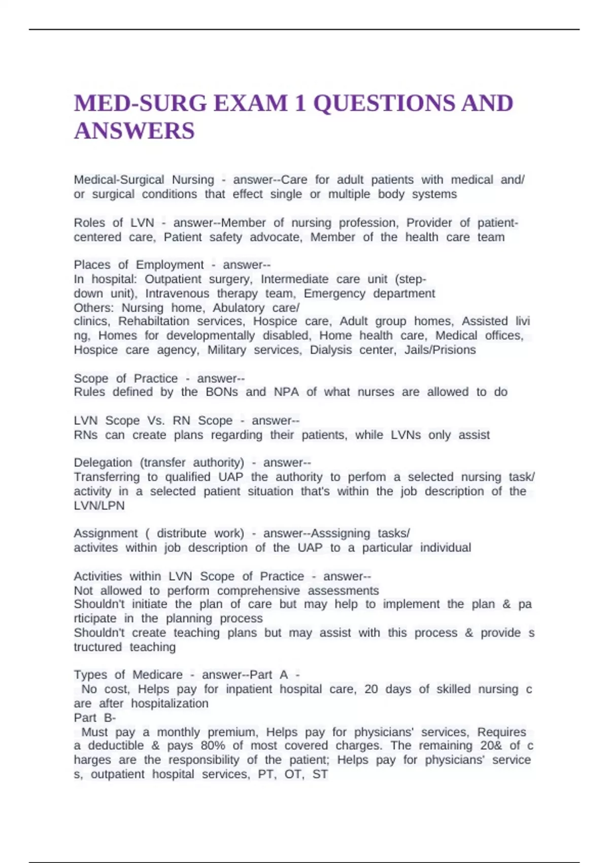 MED-SURG EXAM 1 QUESTIONS AND ANSWERS - Med surg - Stuvia US