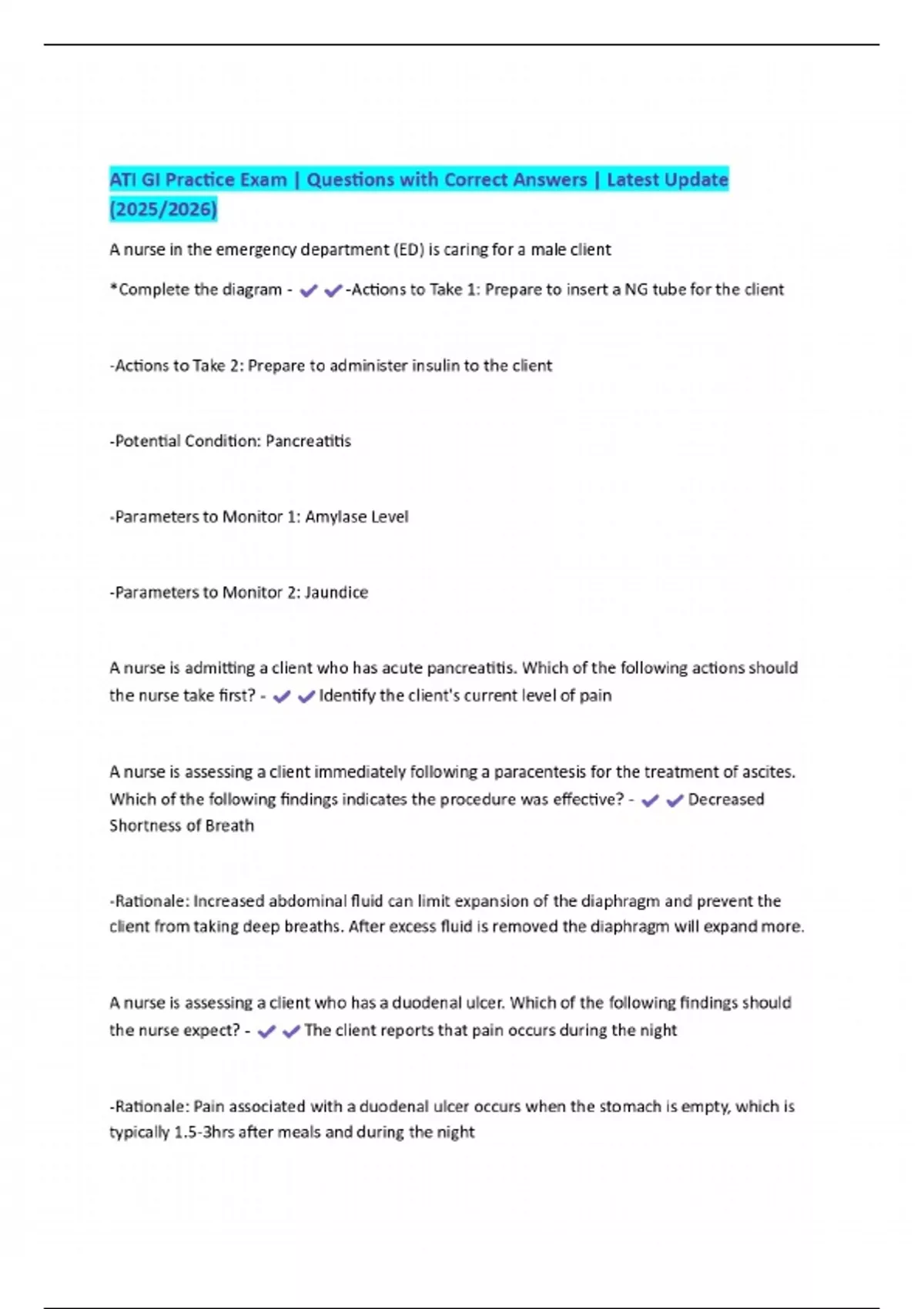 ATI GI Practice Exam | Questions with Correct Answers | Latest Update ...