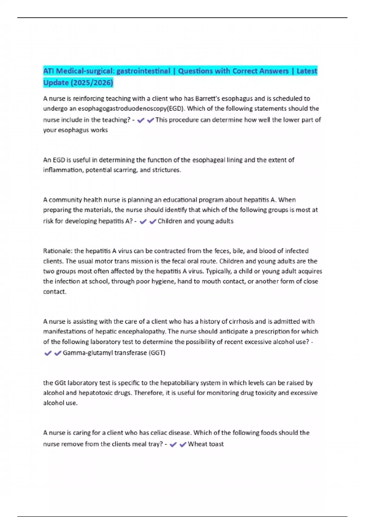 Gi Questions ATI Medical-surgical: gastrointestinal | Questions with Correct Answers ...