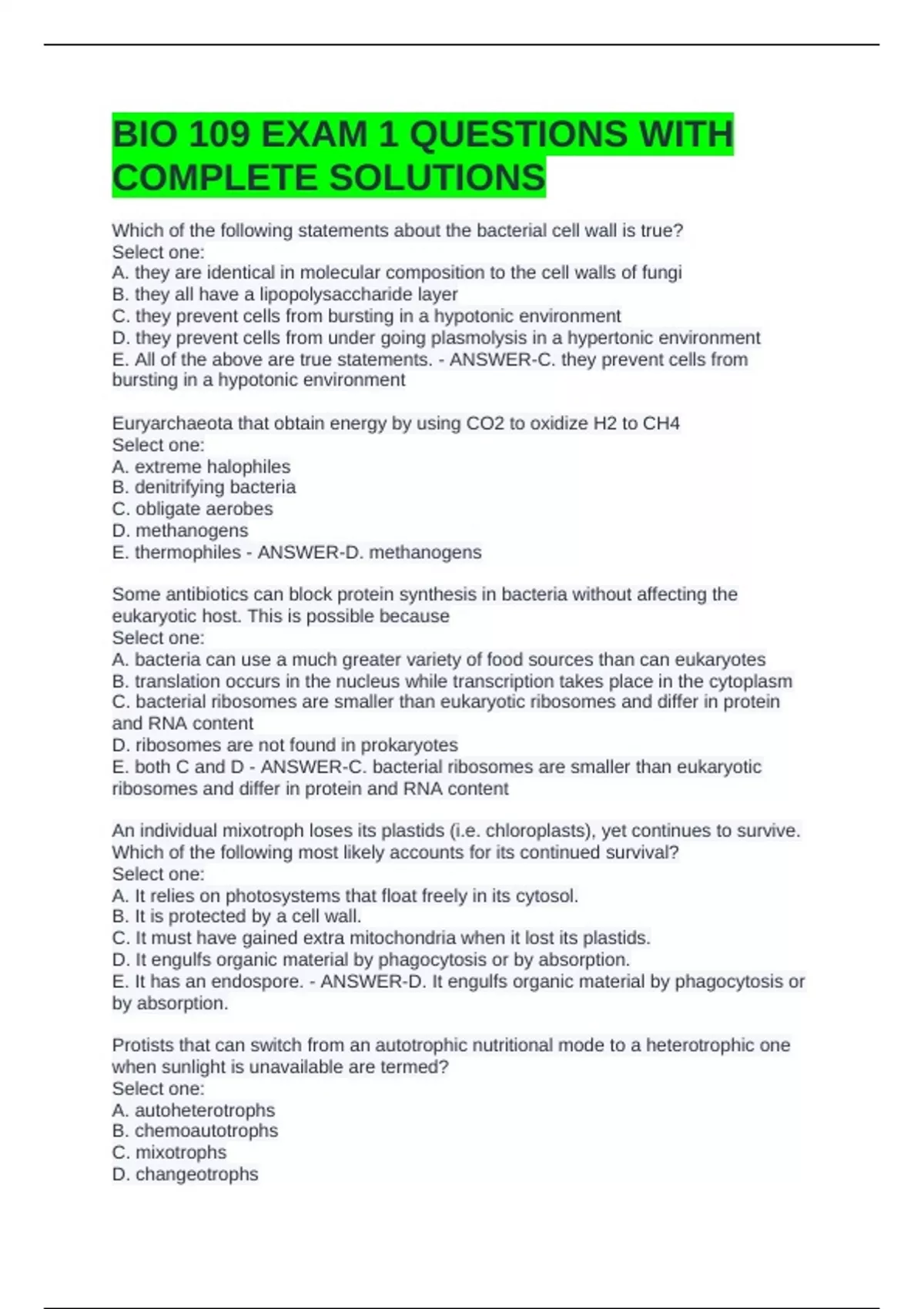 BIO 109 EXAM 1 QUESTIONS WITH COMPLETE SOLUTIONS - BIO 109 - Stuvia US