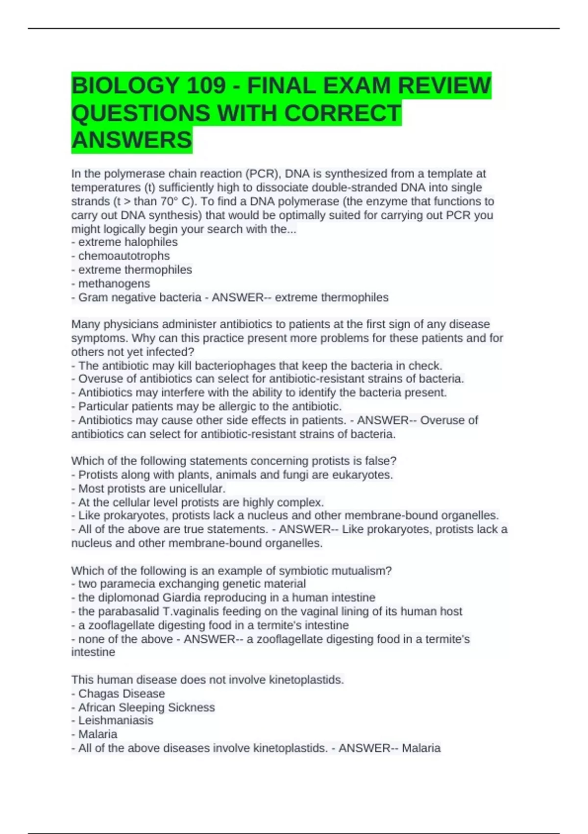 BIOLOGY 109 - FINAL EXAM REVIEW QUESTIONS WITH CORRECT ANSWERS - BIO ...