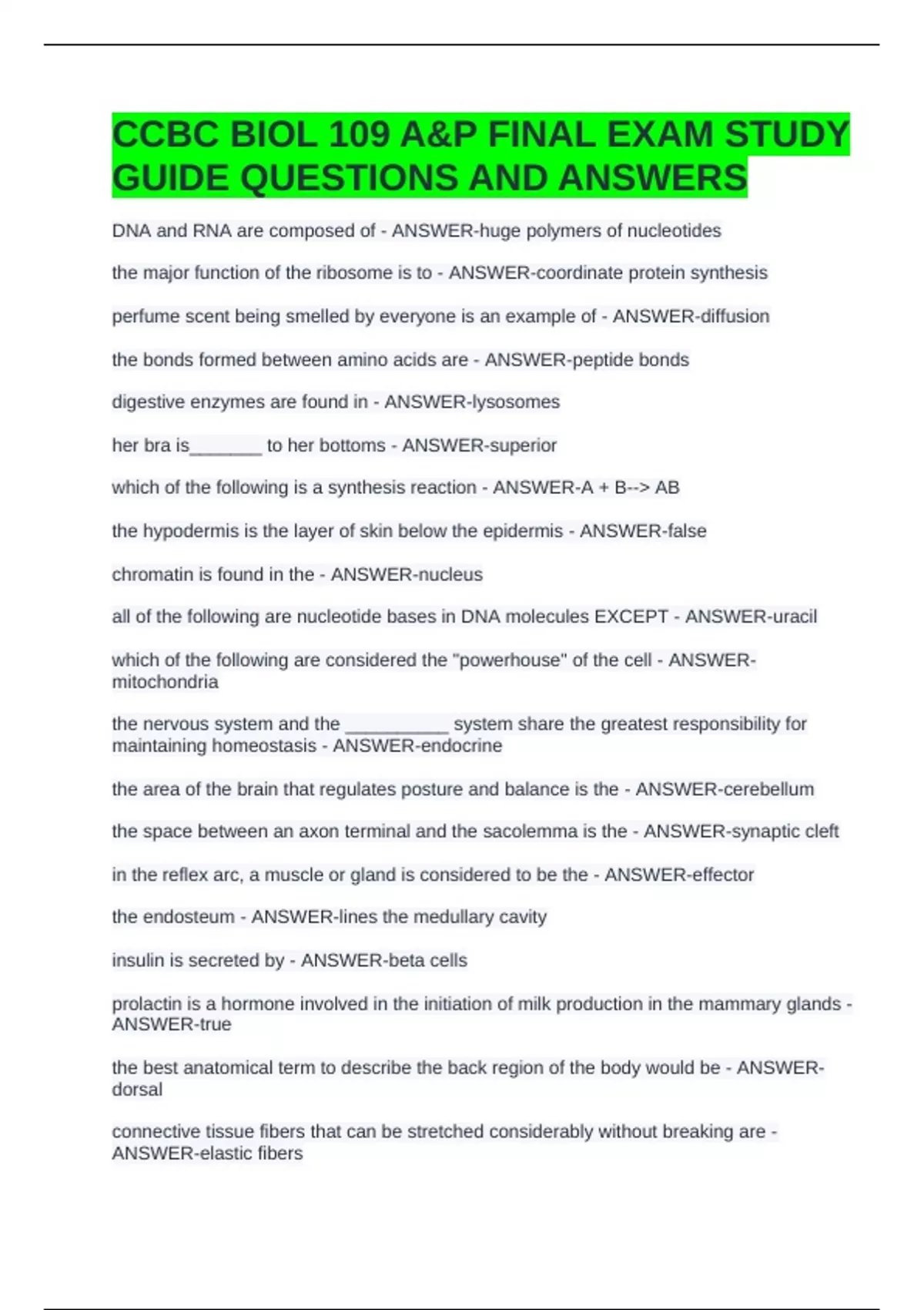 CCBC BIOL 109 A&P FINAL EXAM STUDY GUIDE QUESTIONS AND ANSWERS - BIO ...