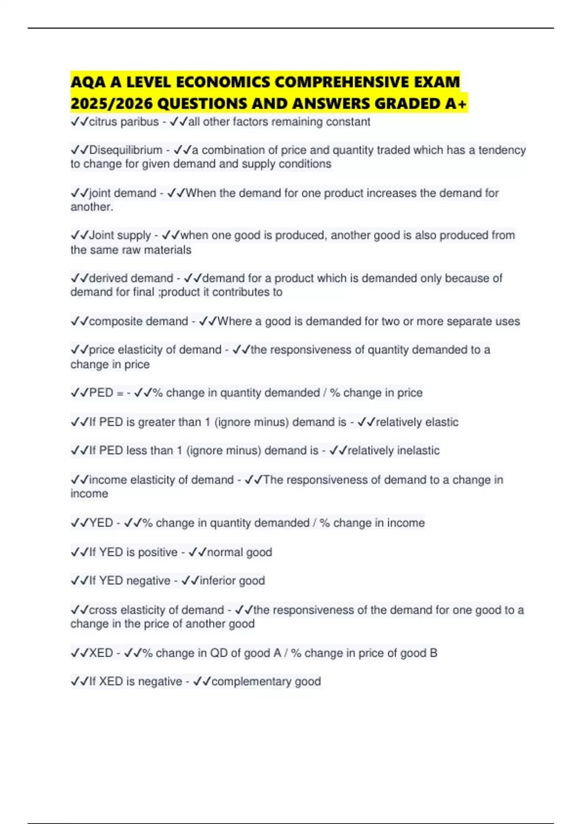 AQA A LEVEL ECONOMICS COMPREHENSIVE EXAM 2025/2026 QUESTIONS AND ...