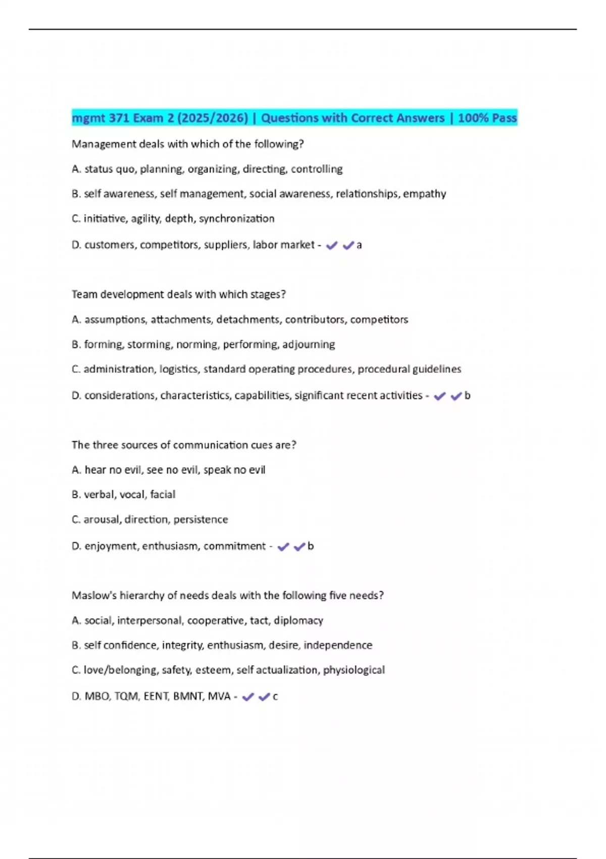 mgmt 371 Exam 2 (2025/2026) | Questions with Correct Answers | 100% ...