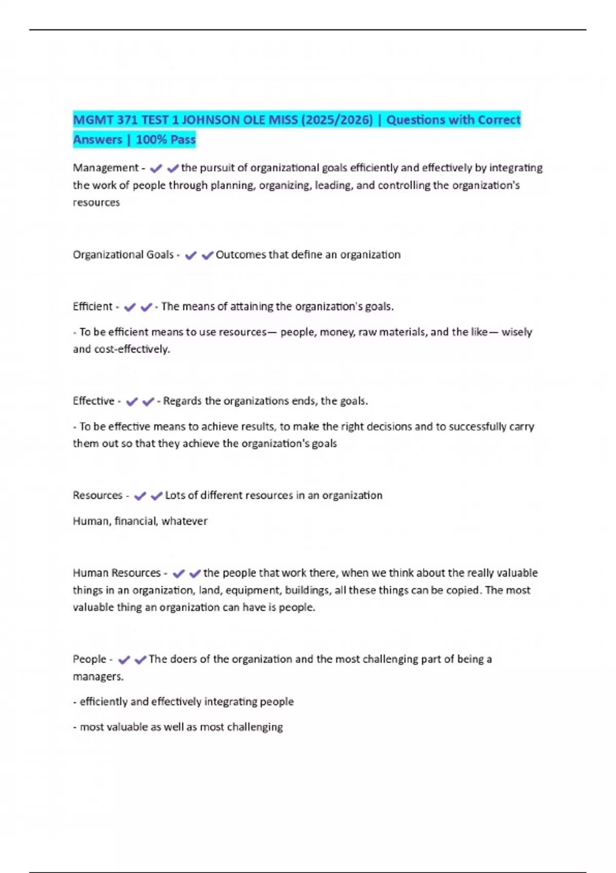 MGMT 371 TEST 1 JOHNSON OLE MISS (2025/2026) | Questions with Correct ...
