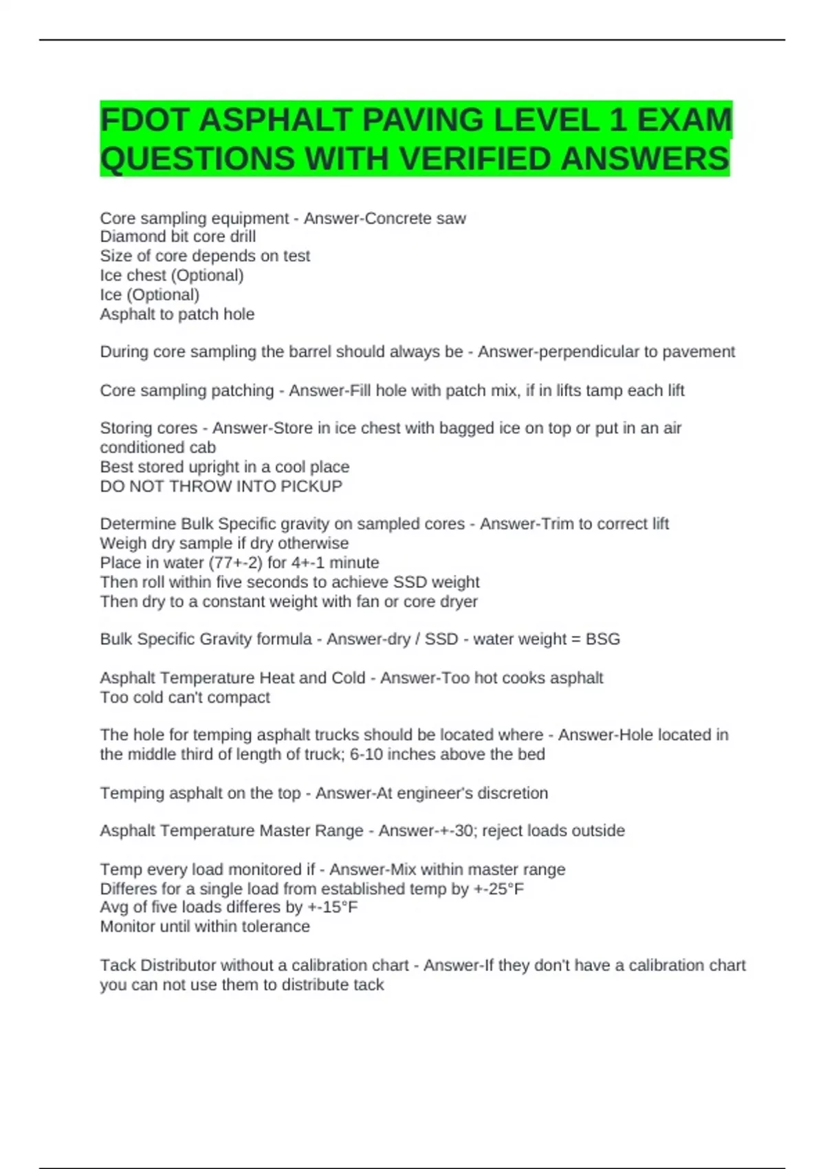 Fdot Construction Math Answer Key FDOT ASPHALT PAVING LEVEL 1 EXAM QUESTIONS WITH VERIFIED ANSWERS - FDOT ...