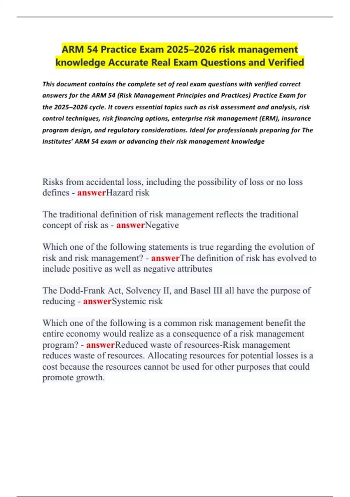 ARM 54 Practice Exam 2025–2026 risk management knowledge Accurate Real ...
