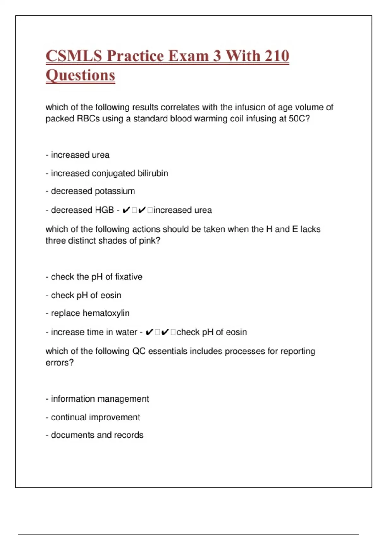 CSMLS Practice Exam 3 With 210 Questions With Correct Complete ...