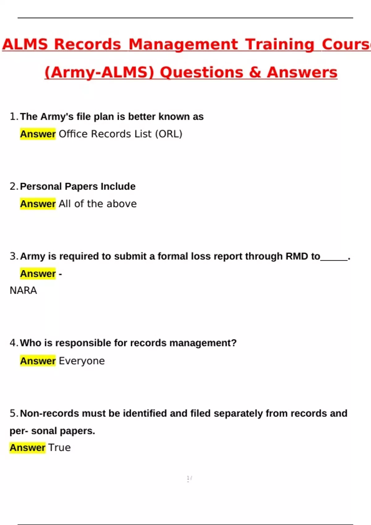 ALMS Records Management Training Course (Army-ALMS) Actual 2025 ...