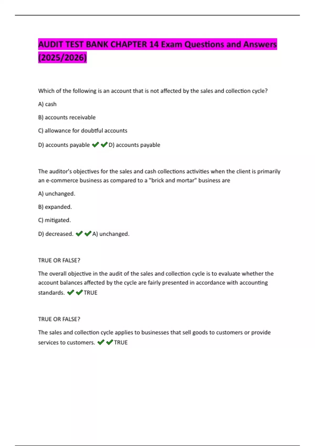 AUDIT TEST BANK CHAPTER 14 Exam Questions and Answers (2025/2026) - NR ...