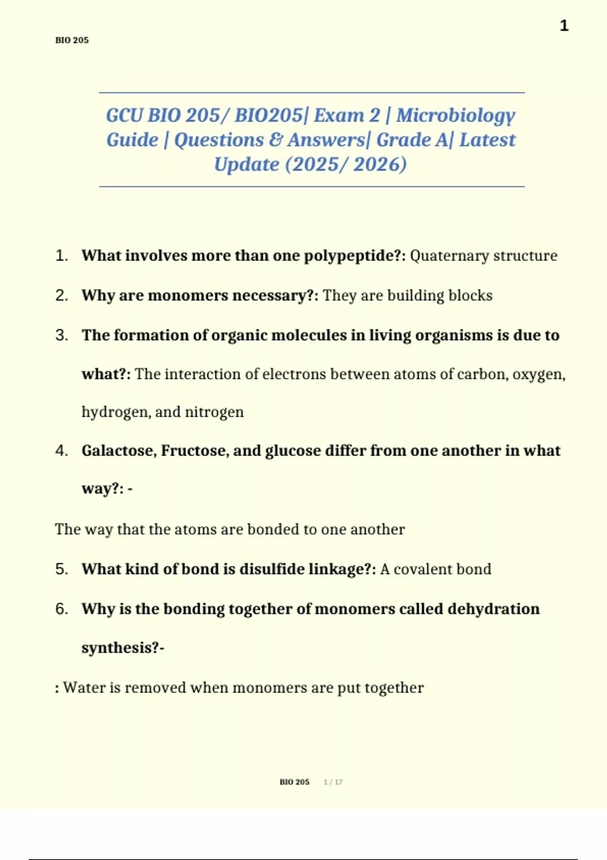GCU BIO 205/ BIO205| Exam 2 | Microbiology Guide | Questions & Answers ...