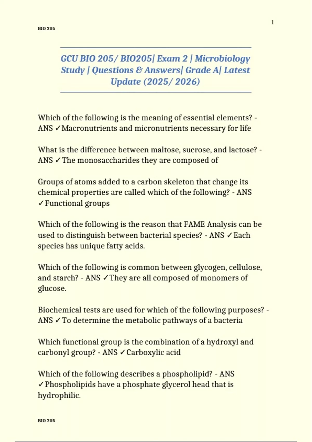 GCU BIO 205/ BIO205| Exam 2 | Microbiology Study | Questions & Answers ...