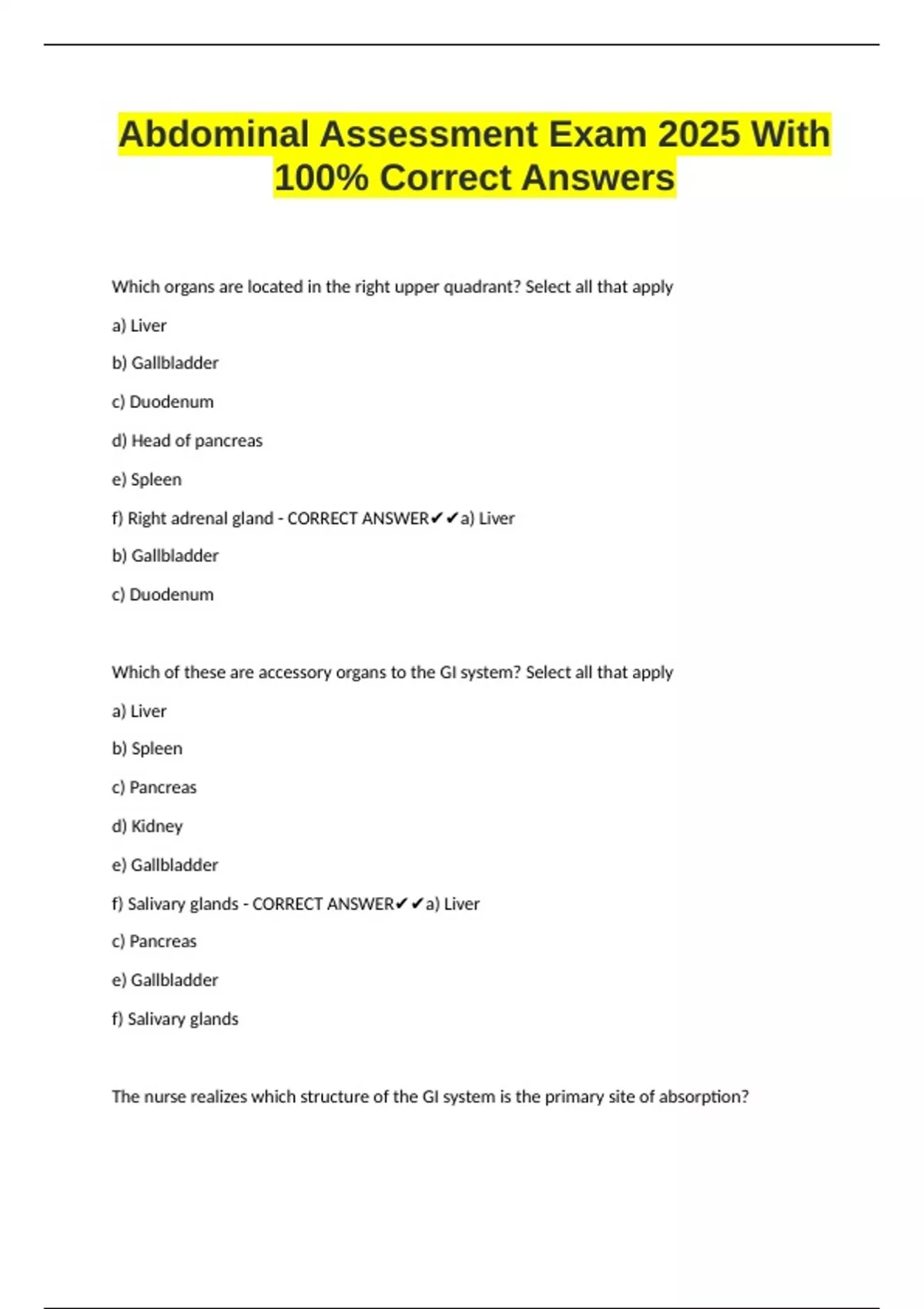Abdominal Assessment Exam 2025 With 100% Correct Answers - Abdominal ...