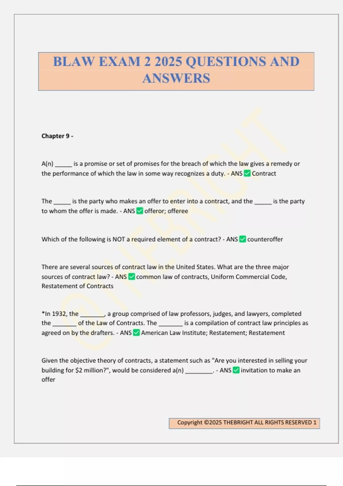 BLAW EXAM 2 2025 QUESTIONS AND ANSWERS - BLAW - Stuvia US