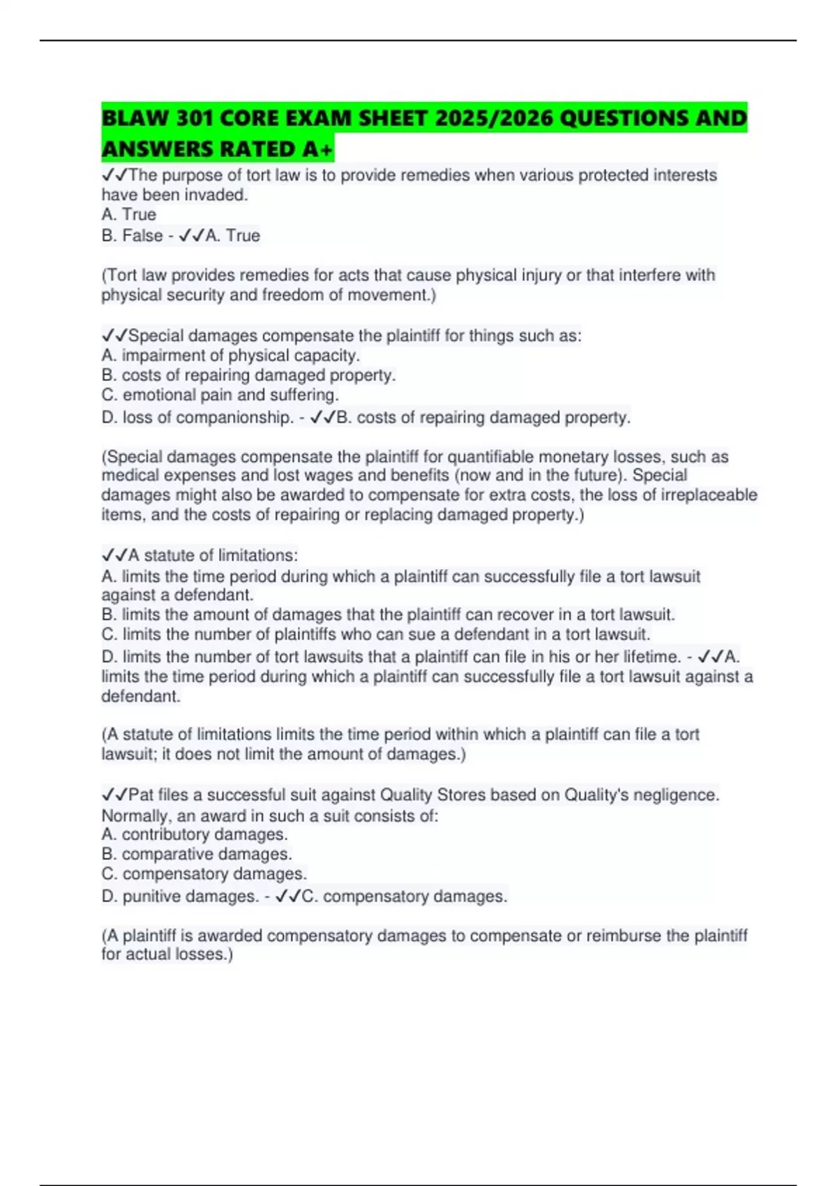 BLAW 301 CORE EXAM SHEET 2025/2026 QUESTIONS AND ANSWERS RATED A+ ...