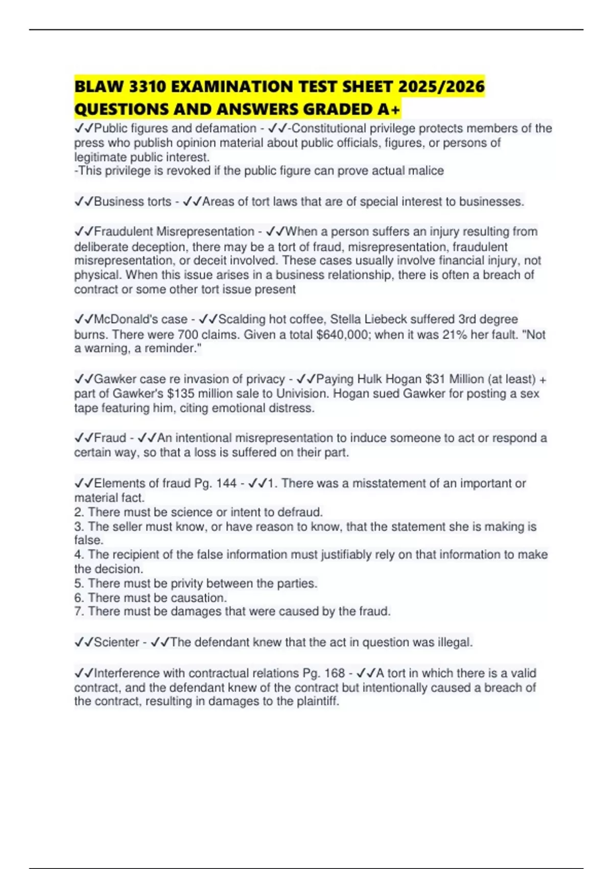 BLAW 3310 EXAMINATION TEST SHEET 2025/2026 QUESTIONS AND ANSWERS GRADED ...
