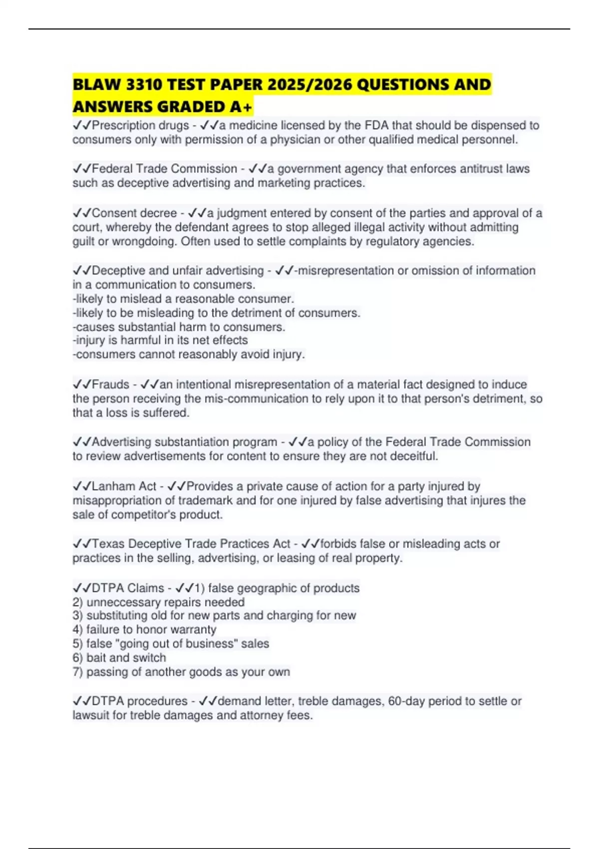 BLAW 3310 TEST PAPER 2025/2026 QUESTIONS AND ANSWERS GRADED A+ - BLAW ...