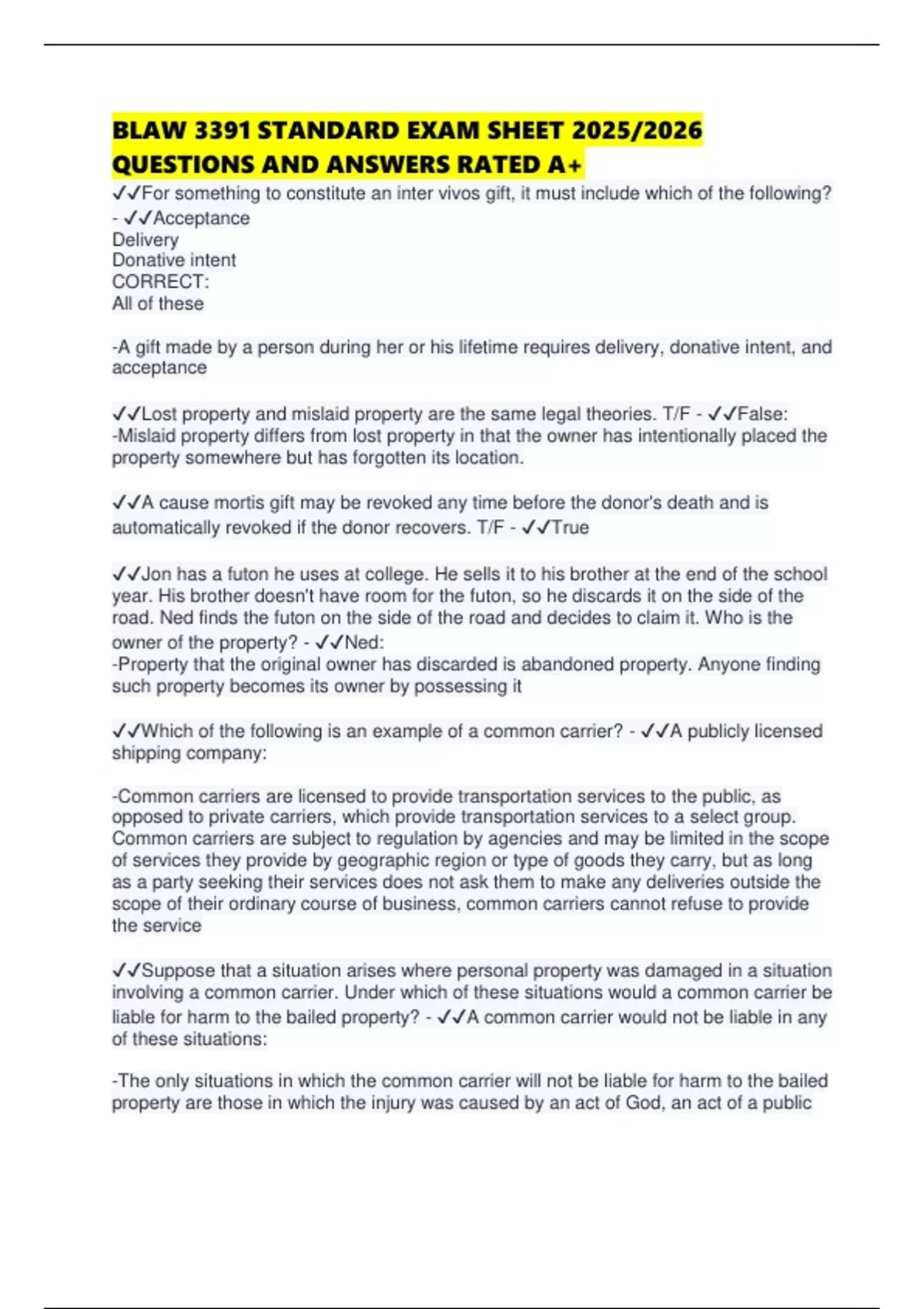 BLAW 3391 STANDARD EXAM SHEET 2025/2026 QUESTIONS AND ANSWERS RATED A+ ...