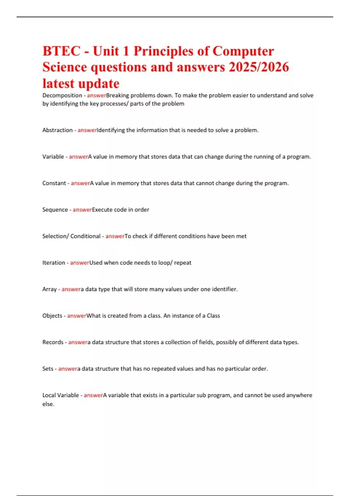 BTEC - Unit 1 Principles of Computer Science questions and answers 2025 ...