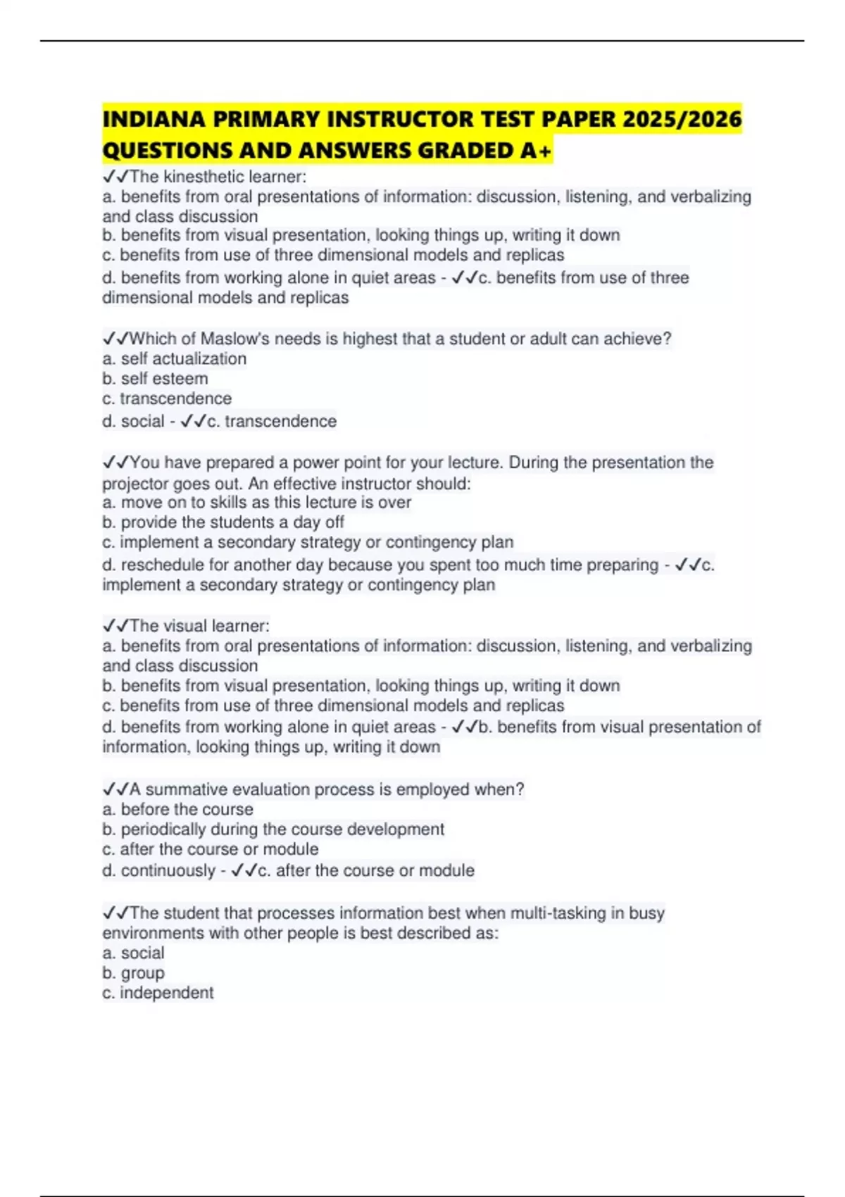 INDIANA PRIMARY INSTRUCTOR TEST PAPER 2025/2026 QUESTIONS AND ANSWERS ...