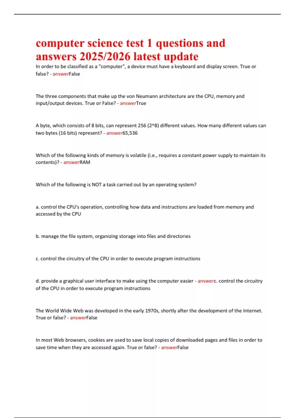 Computer Science – Test 1 Questions and Answers | Academic Year 2025/ ...